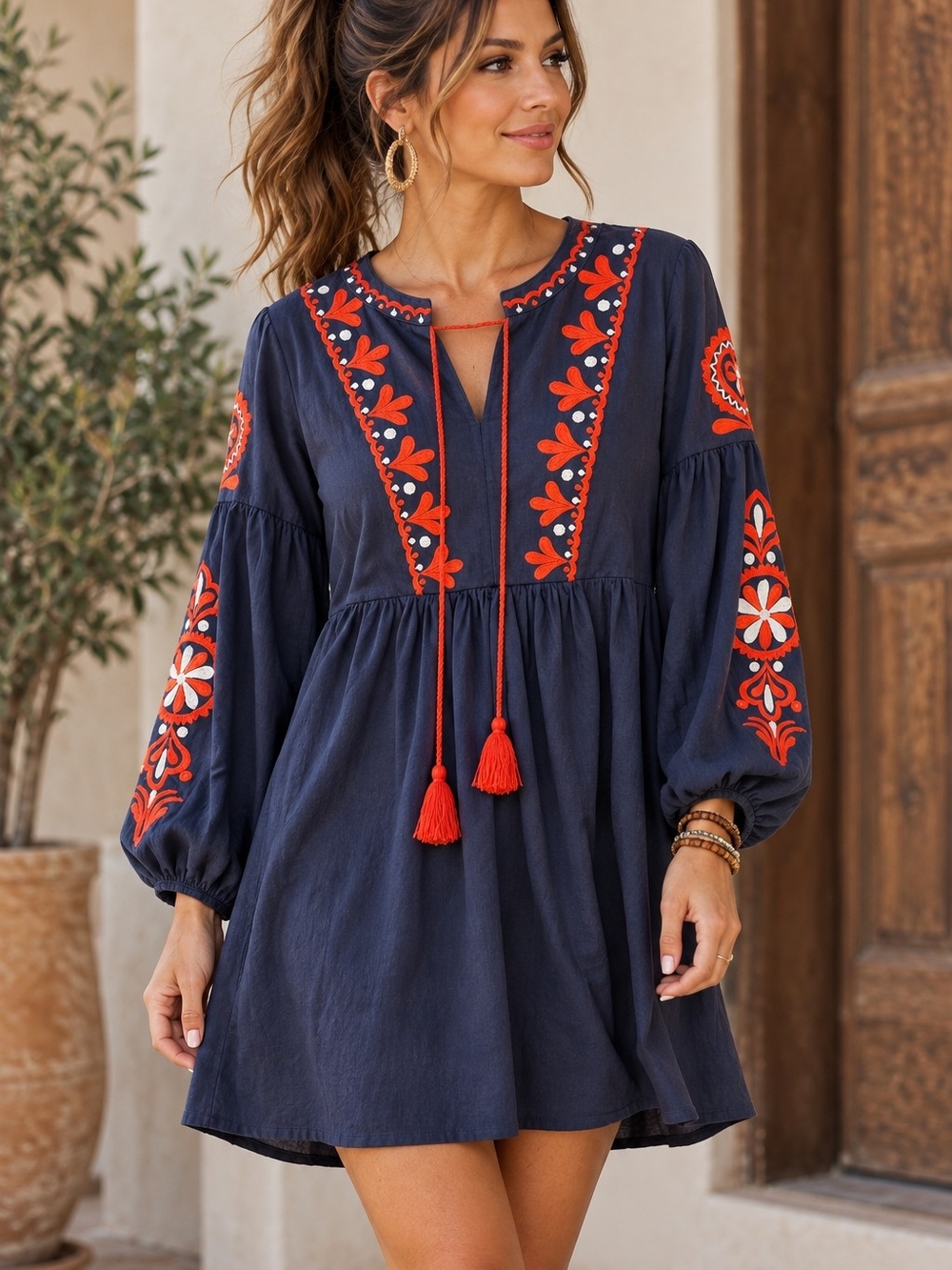 SHEIN Navy Mini Dress with Red Embroidery and Tassel Details